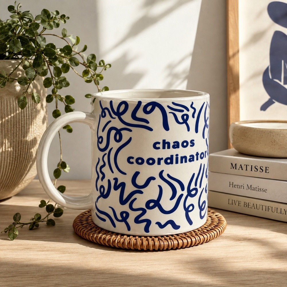 Parker Lane Chaos Coordinator Ceramic Coffee Mug White Blue Abstract 10-09955